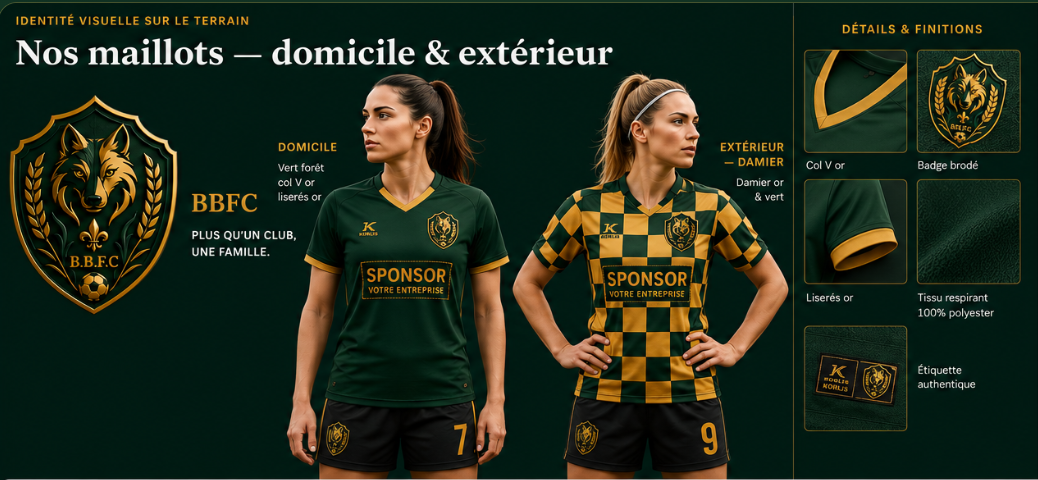 Maillots B.B.F.C — domicile vert forêt col V or, extérieur damier or & vert, détails et finitions : badge brodé, liserés or, tissu respirant